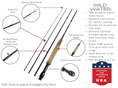 Wild Water Standard Fly Fishing Combo Starter Kit for Beginners, 5 Foot 6 Inch Graphite Rod, 3-Weight, 4-Piece Fly Rod K