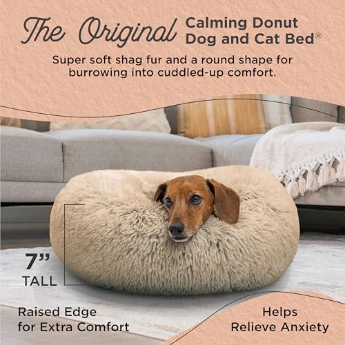 Best Friends by Sheri Original Calming Donut Bed for Dogs and Cats, Shag Faux Fur, Taupe, Small (23x23) - Anxiety Relief