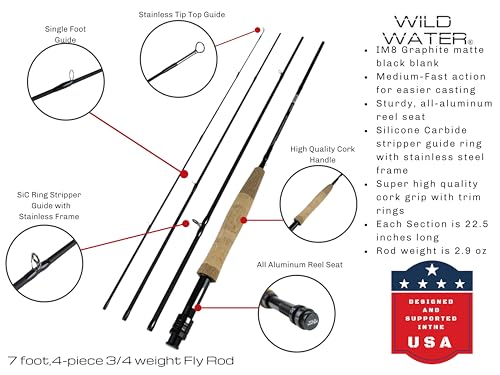 Wild Water Deluxe Fly Fishing Combo Starter Kit for Beginners, 7-Foot Fly Rod, 3/4 Weight, Fishing Gear, Perfect for Nov