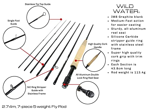 Wild Water 9 ft 7-Piece Fly Fishing Starter Kit for Backpacking and Travel, 5 Weight, Includes Die Cast Aluminum Reel, R