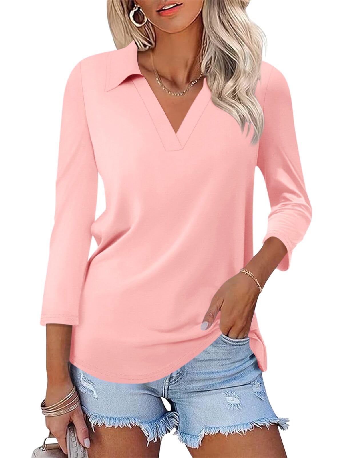 TICTICMISS Women's V-Neck 3/4 Sleeve Polo Shirts for Business Casual Summer Trendy Loose Fit
| TICTICMISS Women's V-Nec