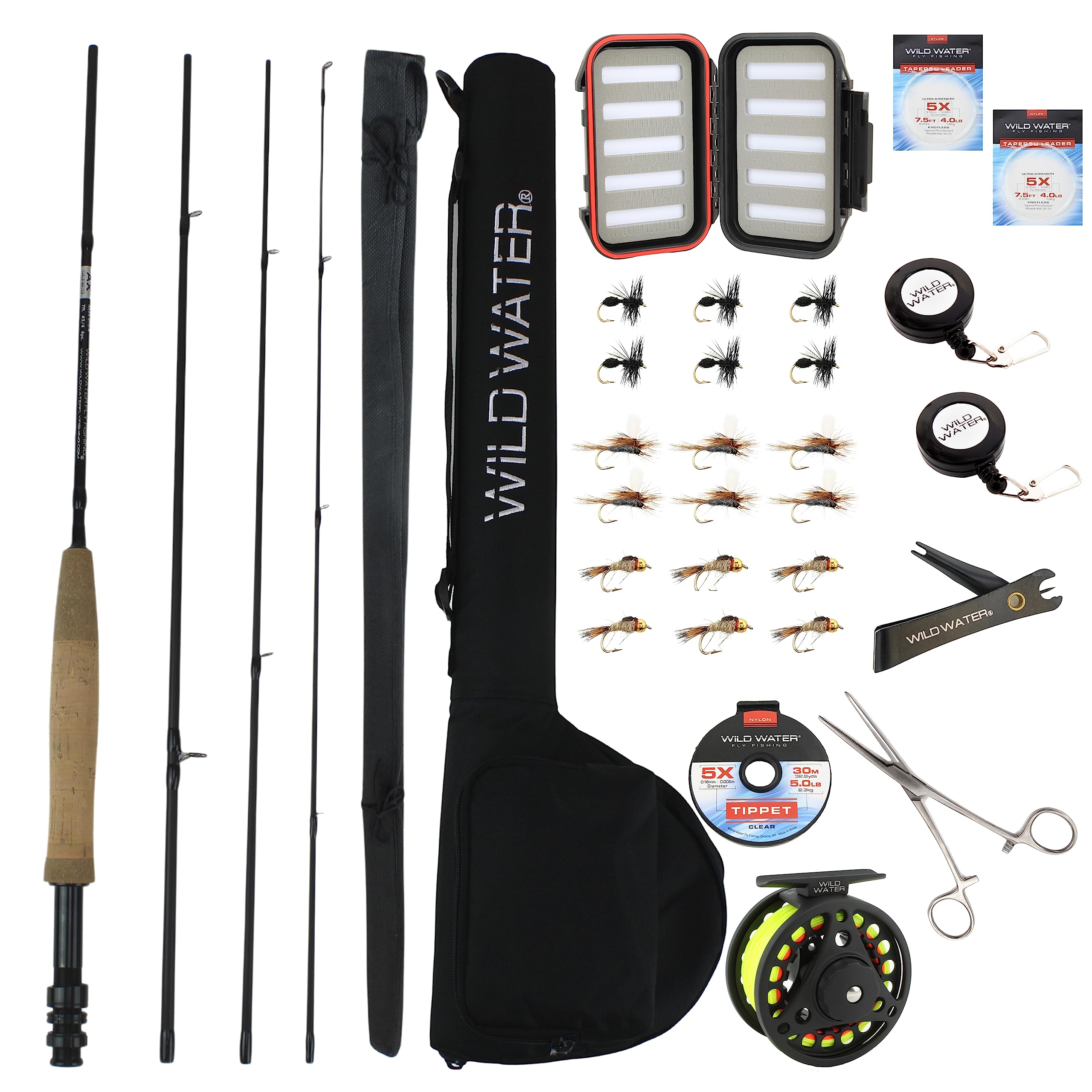 Wild Water Deluxe Fly Fishing Combo Starter Kit for Beginners, 7-Foot Fly Rod, 3/4 Weight, Fishing Gear, Perfect for Nov
