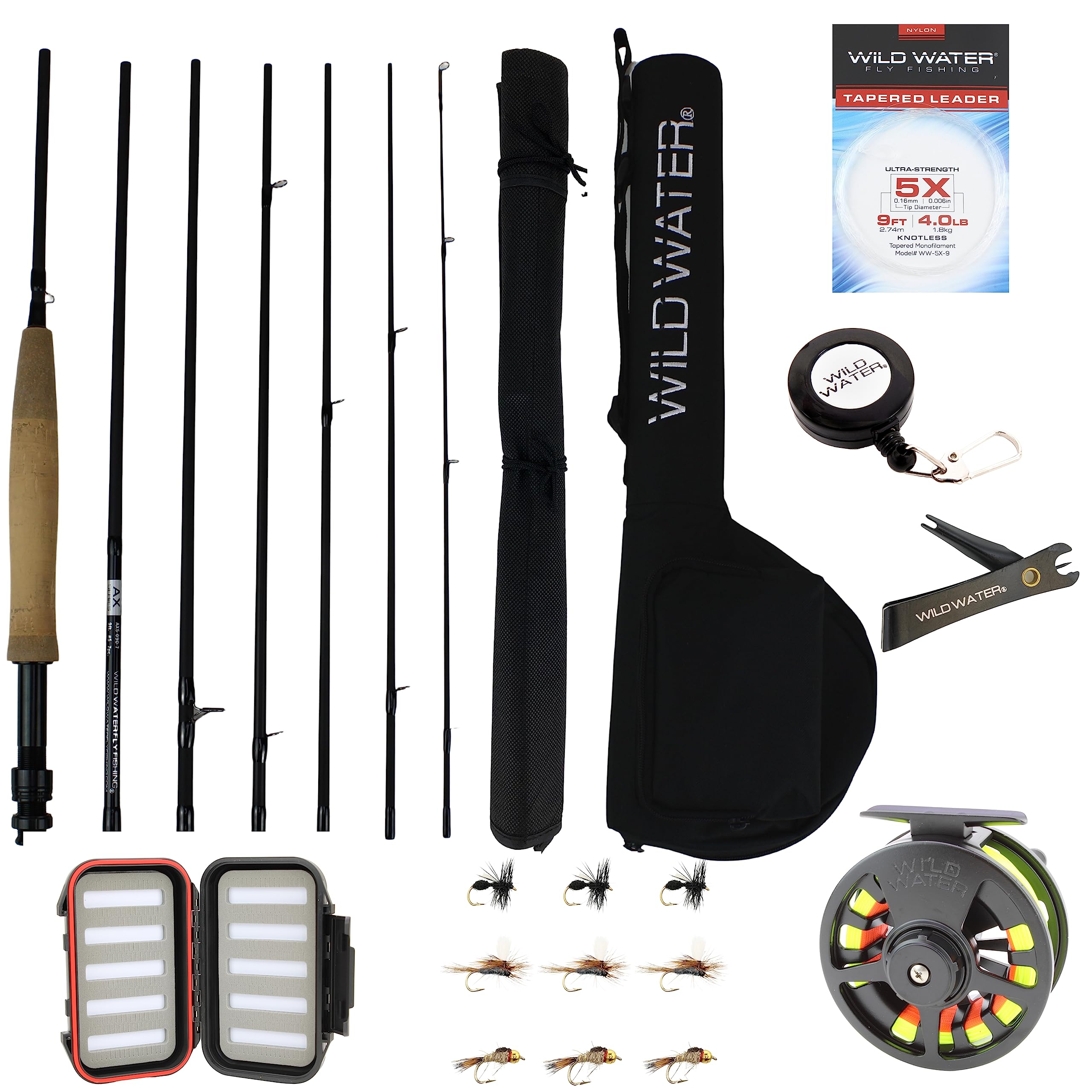 Wild Water 9 ft 7-Piece Fly Fishing Starter Kit for Backpacking and Travel, 5 Weight, Includes Die Cast Aluminum Reel, R