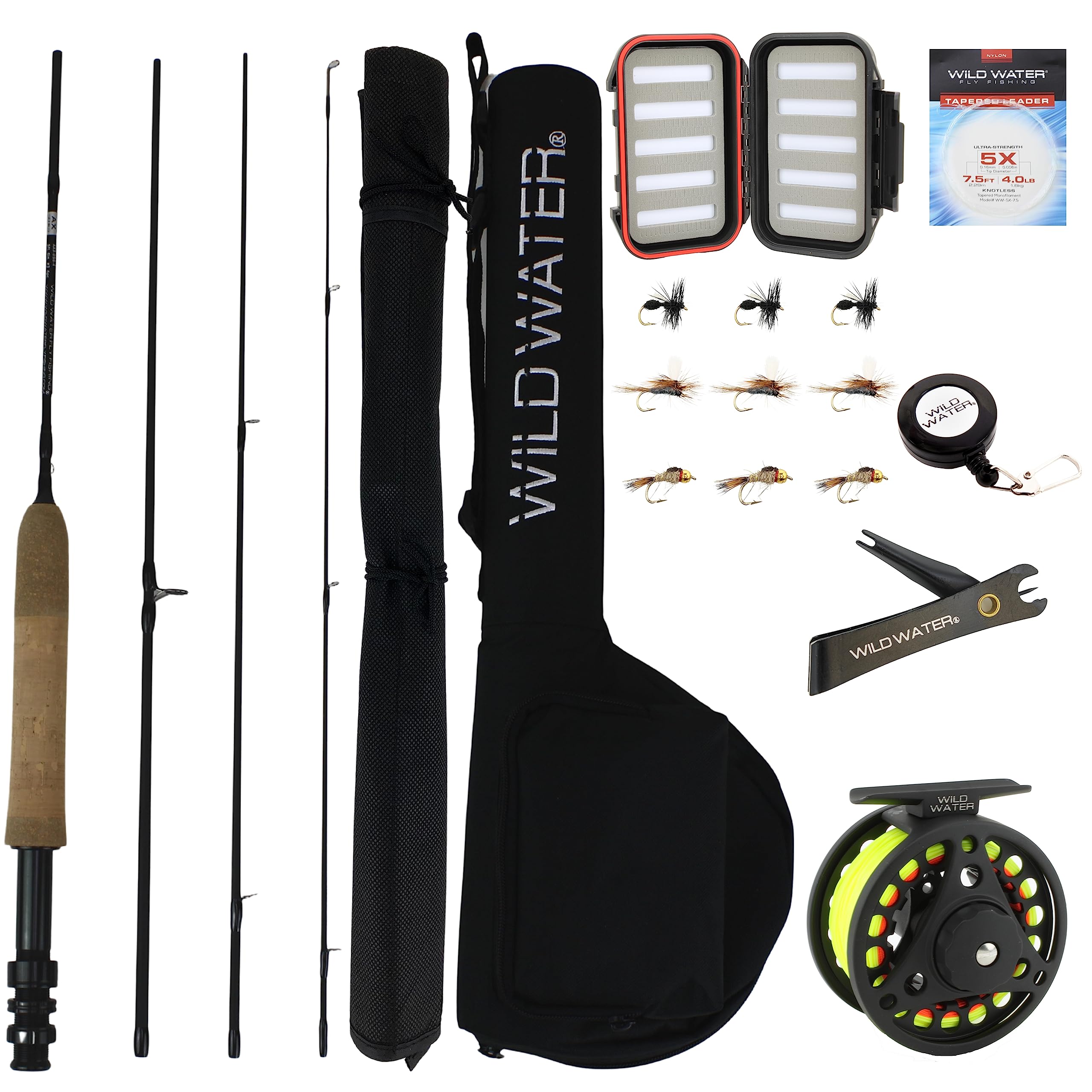 Wild Water Standard Fly Fishing Combo Starter Kit for Beginners, 5 Foot 6 Inch Graphite Rod, 3-Weight, 4-Piece Fly Rod K